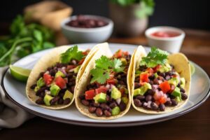Three tacos filled with black beans, avocado, tomatoes, and cilantro on a white plate, with lime wedges and salsa on the side.