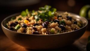 Bowl of cooked quinoa with black beans, diced vegetables and fresh coriander, served in a ceramic dish.
