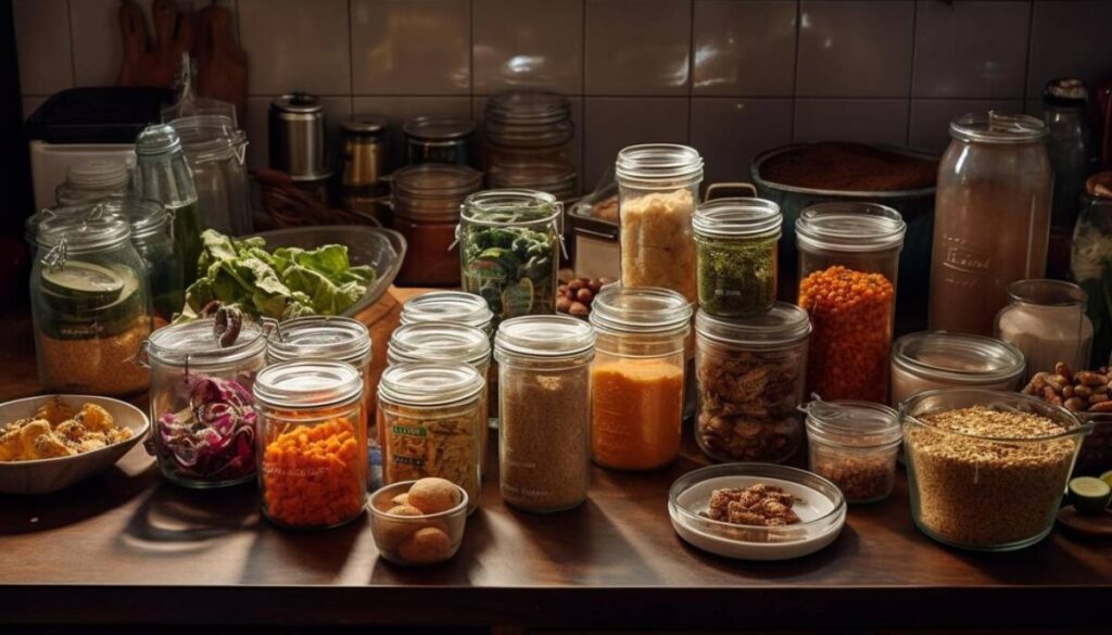 Assorted jars of grains, spices, and vegetables on a kitchen counter, illuminated by warm light.