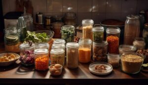 Assorted jars of grains, spices, and vegetables on a kitchen counter, illuminated by warm light.