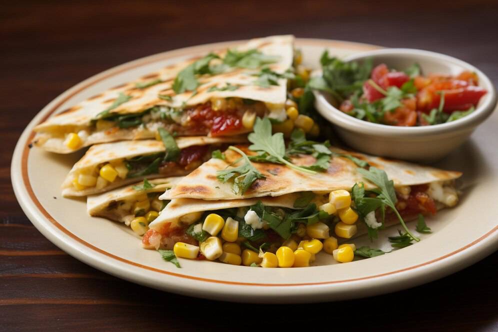 A plate of quesadillas loaded with corn, cheese, and herbs, served with a side of salsa.